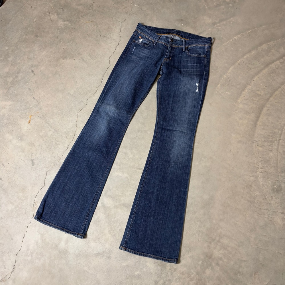 Y2K Hudson Flare Jeans Womens‎ 28 Blue Dark Wash Distressed Made in USA Baggy